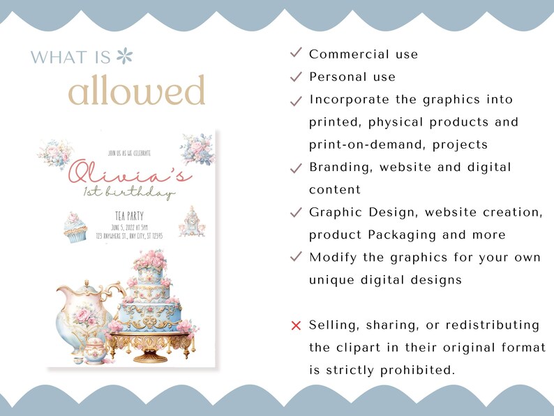 May include: A watercolor illustration of a tea party invitation for a girl's first birthday. The invitation features a blue and white cake, a teapot, and a cupcake. The text on the invitation reads "Olivia's 1st birthday" and "Tea Party".