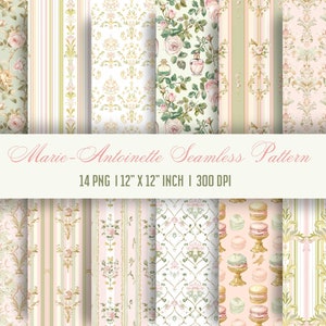 May include: A set of 14 digital seamless patterns in a pink, green, and gold color scheme. The patterns feature floral designs, stripes, and damask patterns. The patterns are 12 inches by 12 inches and 300 DPI.