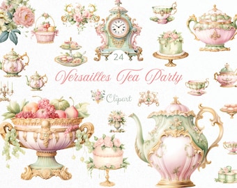 Watercolor Rococo Tea Party Clipart: Versailles Cake & Teacups (PNG Digital Download)