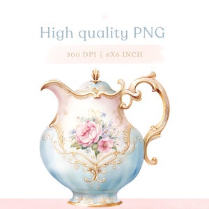 May include: A blue and white porcelain teapot with gold accents and floral designs. The teapot has a delicate handle and a lid with a finial.