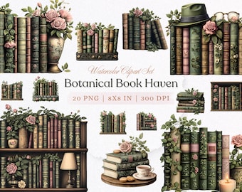 Watercolor Book Border Clipart: Vintage Botanical PNG Set (Digital Download)
