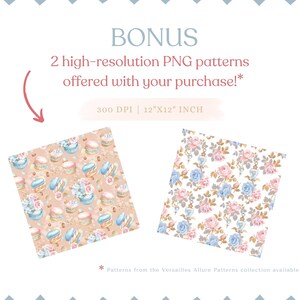 May include: Two digital seamless patterns, one with a floral design in pink, blue, and white, and the other with a pastel blue and pink macaron design on a peach background. Both patterns are 12 inches by 12 inches and 300 DPI.