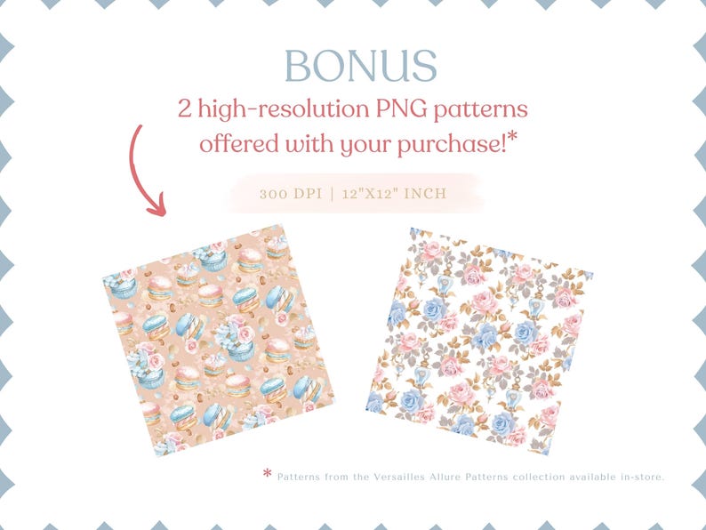 May include: Two digital seamless patterns, one with a floral design in pink, blue, and white, and the other with a pastel blue and pink macaron design on a peach background. Both patterns are 12 inches by 12 inches and 300 DPI.