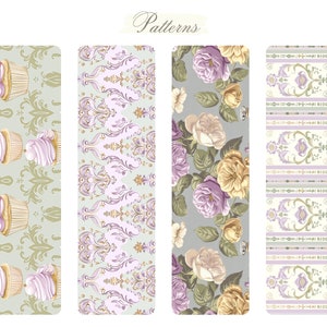 May include: Four different seamless patterns in a vintage style. The first pattern features cupcakes with pink frosting and gold accents on a light green background. The second pattern is a damask design with gold and purple accents on a light green background. The third pattern features purple and yellow roses on a light gray background. The fourth pattern features a striped design with gold and purple accents on a light yellow background.