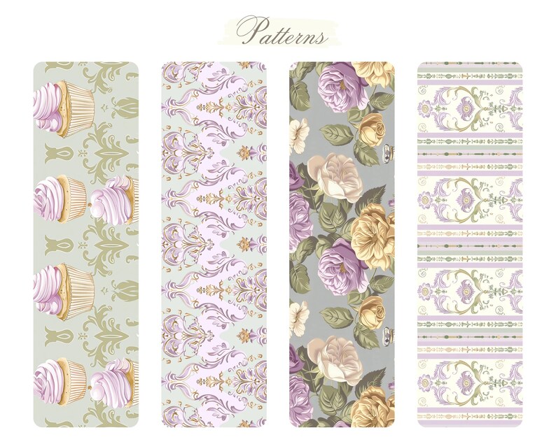 May include: Four different seamless patterns in a vintage style. The first pattern features cupcakes with pink frosting and gold accents on a light green background. The second pattern is a damask design with gold and purple accents on a light green background. The third pattern features purple and yellow roses on a light gray background. The fourth pattern features a striped design with gold and purple accents on a light yellow background.