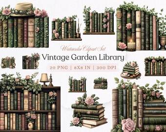 Watercolor Vintage Book Spine Clipart: Garden Library PNG Set (Digital Download)