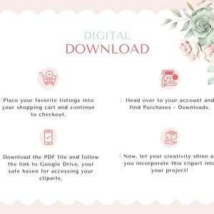 May include: Digital download instructions on a light pink background with floral accents. The text reads "DIGITAL DOWNLOAD" and provides steps for purchasing and downloading clip art. Includes icons for shopping cart, account, and Google Drive.
