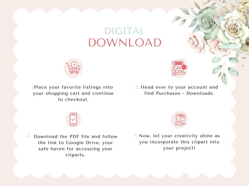 May include: Digital download instructions on a light pink background with floral accents. The text reads "DIGITAL DOWNLOAD" and provides steps for purchasing and downloading clip art. Includes icons for shopping cart, account, and Google Drive.