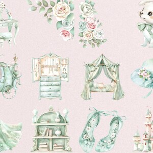 pastel green and pink princess clipart for girl room decor, nursery decor