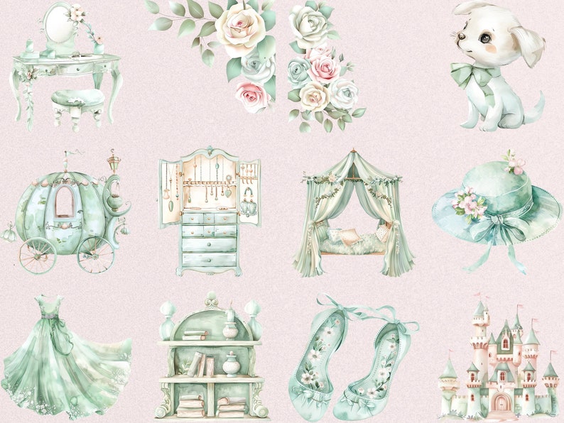 pastel green and pink princess clipart for girl room decor, nursery decor