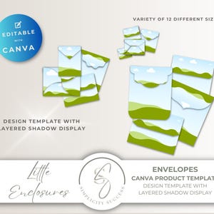 May include: Envelope design templates with a layered shadow display. The envelopes have a landscape design with green hills and a blue sky. The text reads "Editable with Canva" and "Variety of 12 Different Sizes."