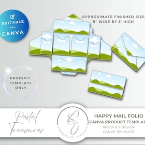 Puede incluir: Una plantilla de producto digital para un folio de correo feliz con un diseño de paisaje de colinas verdes y cielo azul. El texto incluye EDITABLE WITH CANVA, APPROXIMATE FINISHED SIZE 20,32 CM WIDE BY 12,7 CM HIGH, PRODUCT TEMPLATE ONLY, POSTAL TREASURES y HAPPY MAIL FOLIO.