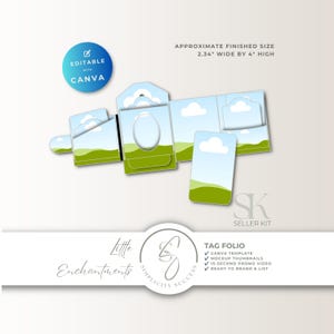Può includere: Un modello di folio per etichette con un motivo a cielo blu e colline verdi, dotato di un ritaglio ovale e tasche. Il testo include "APPROXIMATE FINISHED SIZE 2.34" WIDE BY 4" HIGH", "EDITABLE WITH CANVA", "Little Enchantments" e "TAG FOLIO".