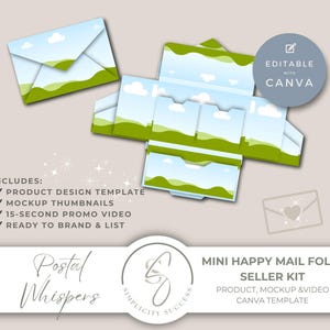 Postgeflüster Mini Happy Mail Folio Verkäufer Kit Canva Vorlage mit Design Mockup, ziehen und ablegen Umschlagrahmen, bearbeitbar in Canva, P3