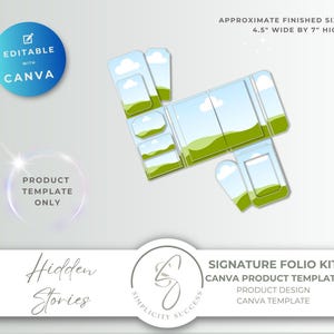 Peut inclure: Un kit de modèle numérique pour un folio signature, comprenant plusieurs composants en papier avec un graphique de paysage. Le texte inclut "EDITABLE WITH CANVA", "APPROXIMATE FINISHED SIZE 11.43 CM WIDE BY 17.78 CM HIGH", "PRODUCT TEMPLATE ONLY", "HIDDEN STORIES" et "SIGNATURE FOLIO KIT".