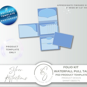 May include: A light blue folio kit template with a waterfall pull tab design. The approximate finished size is 5 inches wide by 3.5 inches high. The template is editable with Photoshop and includes smart objects for product design.