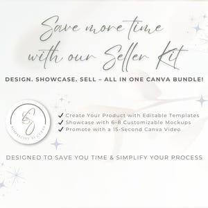 Puede incluir: Gr&aacute;fico blanco con texto: "Ahorra m&aacute;s tiempo con nuestro Seller Kit". Incluye un logotipo y vi&ntilde;etas: Crea con plantillas editables, Muestra con maquetas y Promociona con un v&iacute;deo. Dise&ntilde;ado para ahorrar tiempo.