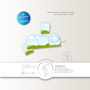 May include: A digital template kit featuring a foldable card design with a landscape illustration of green hills and a blue sky with clouds. Text includes "APPROXIMATE FINISHED SIZE 7.50" WIDE BY 5" HIGH", "EDITABLE WITH CANVA", and "SK SELLER KIT".