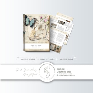 Puede incluir: Un libro electrónico digital titulado Junk Journaling Demystified Volume One con una mariposa azul y gráficos de papel vintage en la portada. El conjunto incluye diecisiete páginas tamaño carta con contenido hipervinculado y texto.