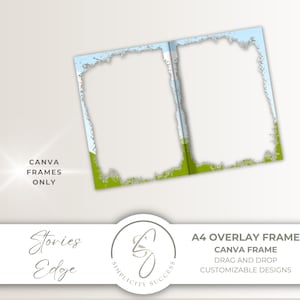 Könnte beinhalten: Ein A4-Overlay-Canva-Rahmen mit einem Landschaftsdesign mit blauem Himmel und grünem Gras. Der Rahmen ist für Drag-and-Drop-Anpassung konzipiert. Der Text "CANVA FRAMES ONLY" und "A4 OVERLAY FRAME" sind sichtbar.