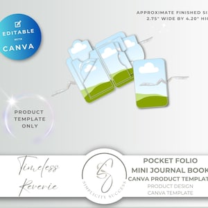Puede incluir: Una plantilla de producto para un mini diario, con un diseño de paisaje con cielo azul y colinas verdes. El tamaño final aproximado es de 7 cm de ancho por 10,67 cm de alto. El diseño es editable con Canva.