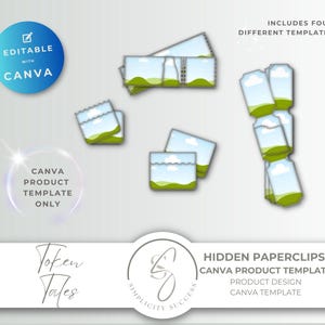 May include: A digital product template for Canva featuring hidden paperclips. The design includes four different templates with a sky and landscape design. The product is editable with Canva. The image also includes the text "Hidden Paperclips Canva Product Template".