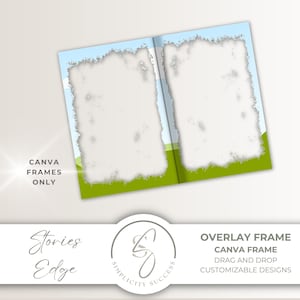 Puede incluir: Un diseño de marco de Canva con un centro blanco y un borde desgastado, sobre un fondo de cielo azul y hierba verde. El texto "CANVA FRAMES ONLY" es visible. El diseño incluye el texto "OVERLAY FRAME", "CANVA FRAME", "DRAG AND DROP" y "CUSTOMIZABLE DESIGNS".