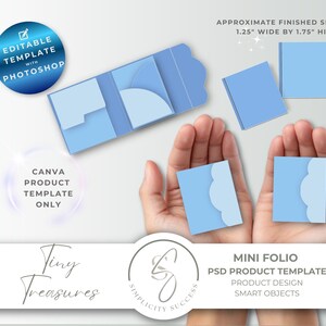 May include: A light blue mini folio PSD product template with a scalloped edge design. The approximate finished size is 1.25 inches wide by 1.75 inches high. The image includes the text "Editable Template with Photoshop" and "Canva Product Template Only."