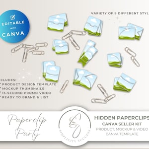May include: A digital product kit featuring various paperclip designs with a Canva template. Includes product design templates, mockup thumbnails, a 15-second promo video, and is ready to brand and list. The kit is labeled "Hidden Paperclips" and "Paperclip Party".