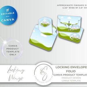 May include: A digital Canva product template for a locking envelope folio featuring a landscape design with green hills and blue sky. The design includes a butterfly-shaped locking mechanism and labels with the text Quote. Finished size 4.50 inches by 3.0 inches.