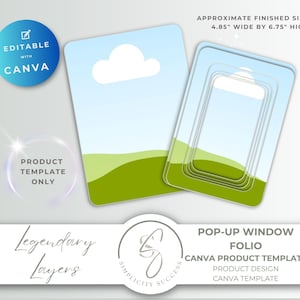 May include: A digital pop-up window folio Canva product template featuring a landscape graphic with a blue sky, white cloud, and green hills. The template has an approximate finished size of 4.85 inches wide by 6.75 inches high.
