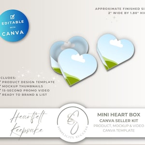 May include: A product design template for a mini heart box, with a Canva seller kit. The image shows three heart-shaped mockups with a sky and grass design. The finished size is approximately 2 inches wide by 1.80 inches high.