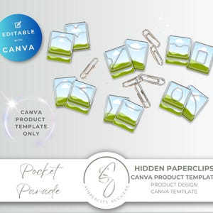 Puede incluir: Una imagen que presenta plantillas de productos digitales con un diseño de paisaje, acompañadas de clips plateados. Las plantillas están etiquetadas como "Hidden Paperclips Canva Product Template" y son editables con Canva. El diseño incluye el texto "Pocket Parade".