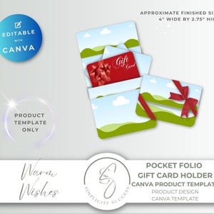 May include: A pocket folio gift card holder template. The design features a landscape scene with green hills, blue skies, and white clouds. A red gift card with a bow is visible. The approximate finished size is 10.16 cm wide by 6.99 cm high.