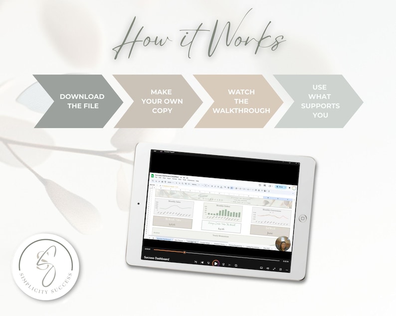 May include: A white tablet displays a spreadsheet with charts and graphs. The image includes the text "How it Works" and steps: "Download the File," "Make Your Own Copy," "Watch the Walkthrough," and "Use What Supports You." A logo for Simplicity Success is in the lower left.
