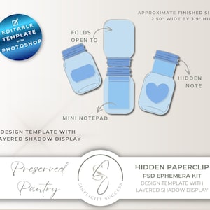 Op de afbeelding: Een digitaal ontwerpsjabloon voor een verborgen paperclip, met een gelaagde schaduwweergave. Het ontwerp bevat potvormige elementen met labels en een hart, met de tekst "Editable Template with Photoshop". De geschatte afmeting is 6,35 cm breed bij 9,91 cm hoog.