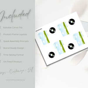 Puede incluir: Una hoja blanca con la palabra "Included" y vi&ntilde;etas que enumeran caracter&iacute;sticas como "Editable Canva File" y "Product Frame Layouts". Una hoja m&aacute;s peque&ntilde;a muestra dise&ntilde;os de mini discos.