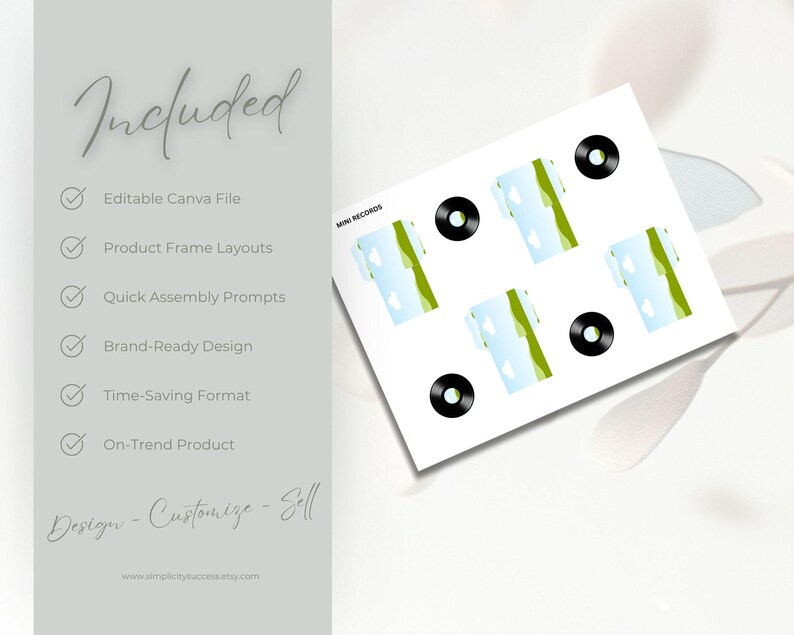 Puede incluir: Una hoja blanca con la palabra "Included" y vi&ntilde;etas que enumeran caracter&iacute;sticas como "Editable Canva File" y "Product Frame Layouts". Una hoja m&aacute;s peque&ntilde;a muestra dise&ntilde;os de mini discos.