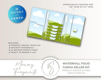 Könnte beinhalten: Ein Waterfall-Folio-Canva-Verkäufer-Kit mit einer Landschaftsgestaltung aus grünen Hügeln und blauem Himmel. Das Folio verfügt über mehrere Taschen und einen Klappverschluss. Der Text umfasst Editable with Canva und eine Größe von 9,65 cm mal 16,51 cm.