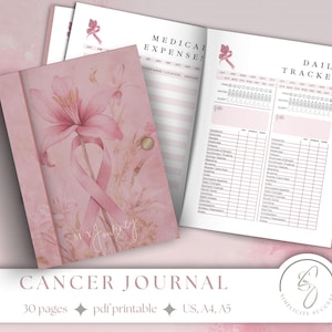 May include: A pink cancer journal with a watercolor illustration of a pink lily and ribbon. The journal has 30 pages and is printable in US, A4, and A5 sizes. The text "My Journey" is written on the cover.