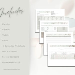 May include: A digital planner with the word "Includes" at the top, followed by a list of features. The features include planning, creation, visibility, clarity, 13 connected worksheets, built-in formulas, a success dashboard, and a guided walkthrough. The website address is www.simplicitysuccess.etsy.com.