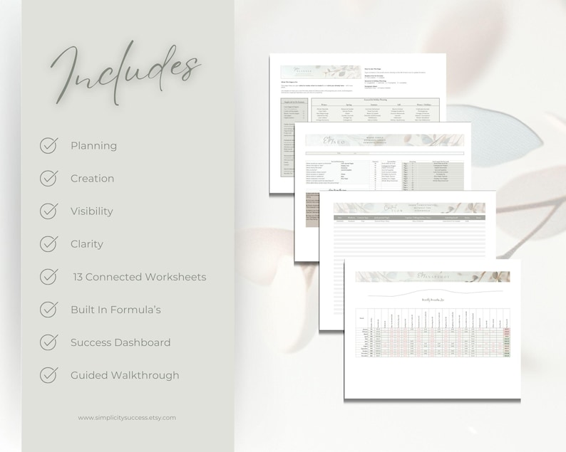 May include: A digital planner with the word "Includes" at the top, followed by a list of features. The features include planning, creation, visibility, clarity, 13 connected worksheets, built-in formulas, a success dashboard, and a guided walkthrough. The website address is www.simplicitysuccess.etsy.com.