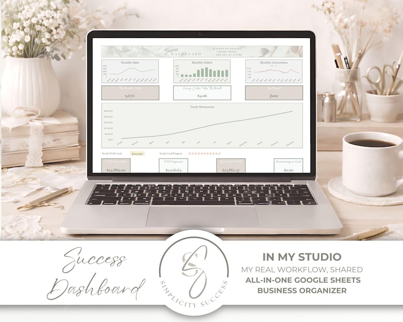 May include: A laptop displaying a business dashboard with charts and graphs. The screen shows data analysis with the words "Success Dashboard" and "In My Studio" at the bottom. A coffee mug, flowers, and stationery are arranged around the laptop.