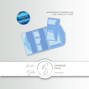 May include: A light blue gatefold folio PSD template featuring multiple interior pockets and flaps. The text reads APPROXIMATE FINISHED SIZE 3.66" WIDE BY 7" HIGH, EDITABLE TEMPLATE WITH PHOTOSHOP, AMBER GATES, SIMPLICITY SUCCESS, GATEFOLD FOLIO, PSD TEMPLATE.