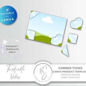 May include: A digital product template with a blue sky and green landscape design. The image includes the text "Editable with Canva", "Product Template Only", "Corner Tucks", and "Canva Product Template".