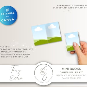 Puede incluir: Maqueta de un mini libro con una escena de paisaje, sostenido por una mano. El libro mide aproximadamente 3,2 cm de ancho por 4,4 cm de alto cuando está cerrado. La imagen incluye el texto "Editable with Canva" y "Mini Books Canva Seller Kit".