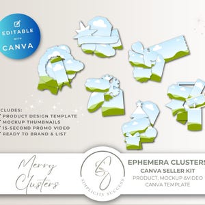 Pode incluir: Um design gráfico com vários grupos de efêmeros azuis claros e verdes. O design inclui o texto "Editable with Canva" e "Ephemera Clusters Canva Seller Kit". A imagem também lista modelos de design de produtos, miniaturas de maquetes e um vídeo promocional de 15 segundos.