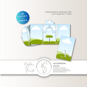May include: An accordion folio template with a light blue sky and green hill graphic design. The text reads APPROXIMATE FINISHED SIZE 4.50" WIDE BY 7" HIGH, EDITABLE WITH CANVA, GOLDEN FINDS, SIMPLICITY SUCCESS, and ACCORDION FOLIO.