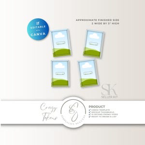 Puede incluir: Cuatro plantillas digitales rectangulares con un gráfico de paisaje con una colina verde y una nube blanca sobre un cielo azul. El texto incluye EDITABLE WITH CANVA, APPROXIMATE FINISHED SIZE 5,08 CM WIDE BY 7,62 CM HIGH, PRODUCT, CANVA TEMPLATE, MOCKUP THUMBNAILS, 15-SECOND PROMO VIDEO, READY TO BRAND & LIST, SK SELLER KIT y Crazy Tokens.