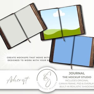 May include: Three open journals with dark brown covers and aged page edges. One displays a blank white page, one a landscape illustration with a cloud, and one a solid blue page. Text includes Ashcroft, Journal, The Mockup Studio.